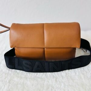 All Saints Ezra Quilted Brown Leather Crossbody Bag with Black Strap NWT$249